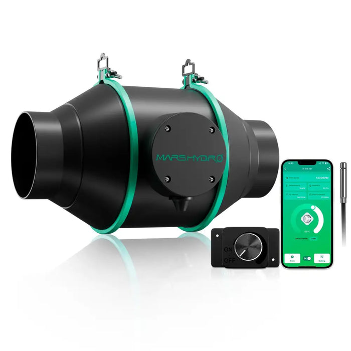 Schwarzer Kanalventilator mit grünen Bändern und zugehörigen Steuergeräten.