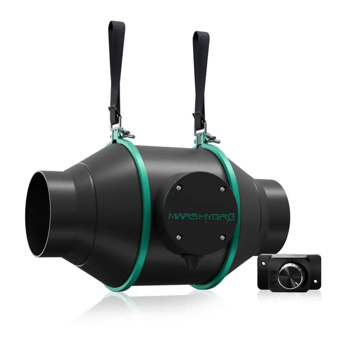 Schwarzer Kanalventilator mit Drehzahlregler.