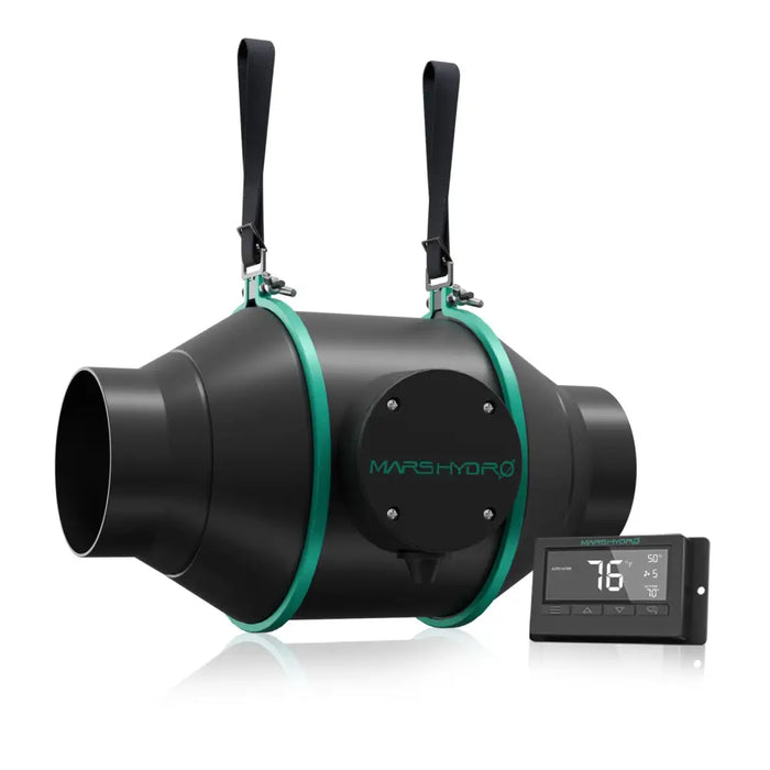 Schwarzer Kanalventilator mit Riemen und digitalem Regler.