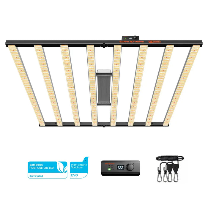 LED-Growlight-Panel mit Dimmer und Aufhängevorrichtung.