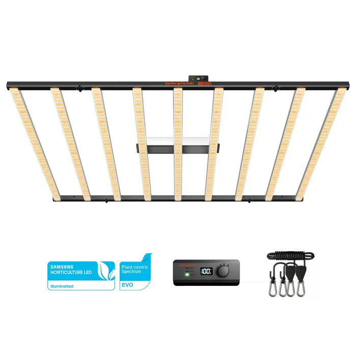 LED-Wachstumsleuchte mit Dimmer und Aufhängevorrichtung.