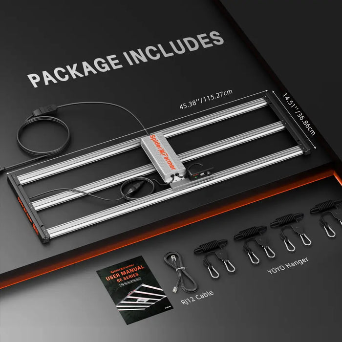 Spider Farmer grow light mit Zubehör.