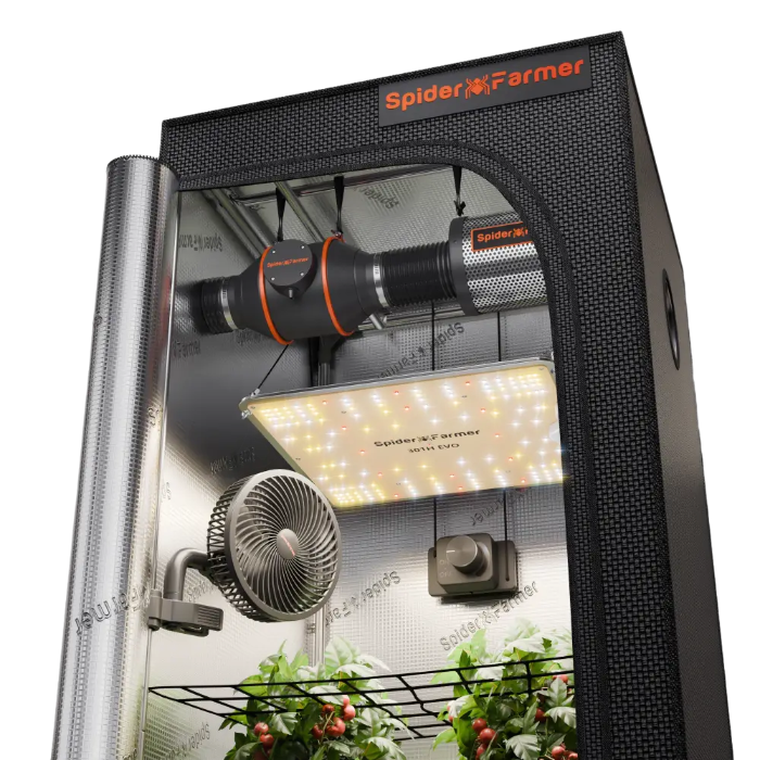 Indoor-Growzelt mit Belüftung und Beleuchtung.