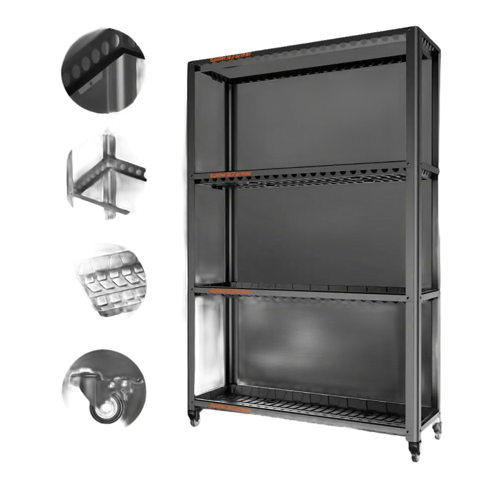 Schwarzes Metallregal mit Rollen.