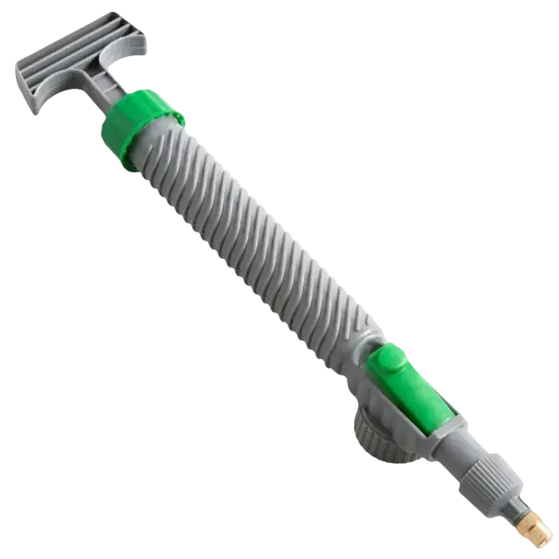 Graue und grüne Handpumpe.
