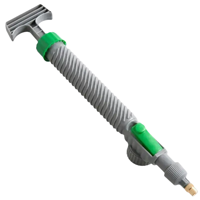 Graue und grüne Handpumpe.