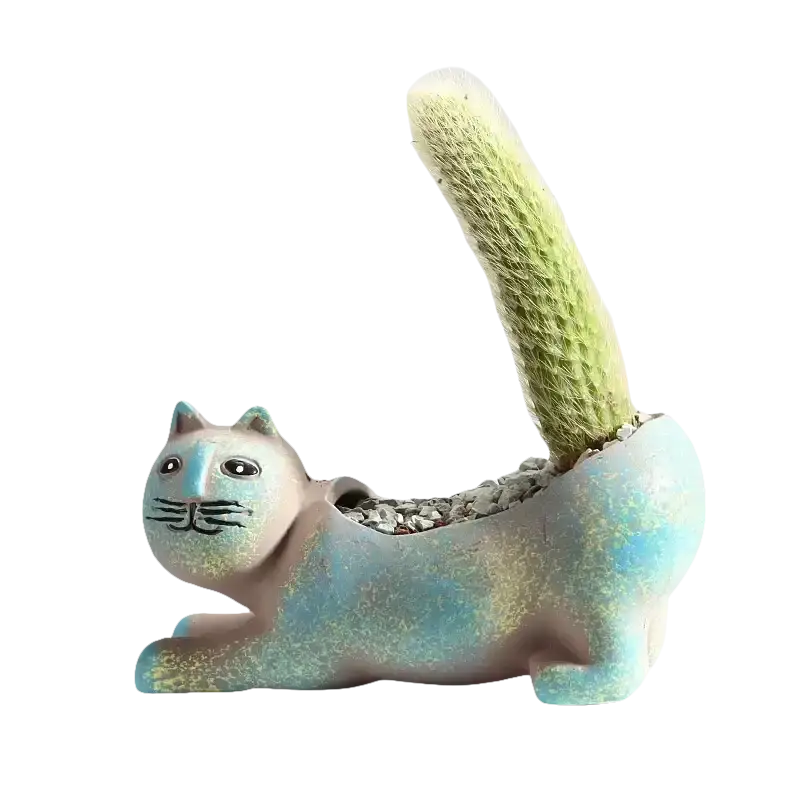 Keramikblumentopf Katze in Form einer liegenden Katze mit Kaktus als Schwanz für Pflanzenliebhaber