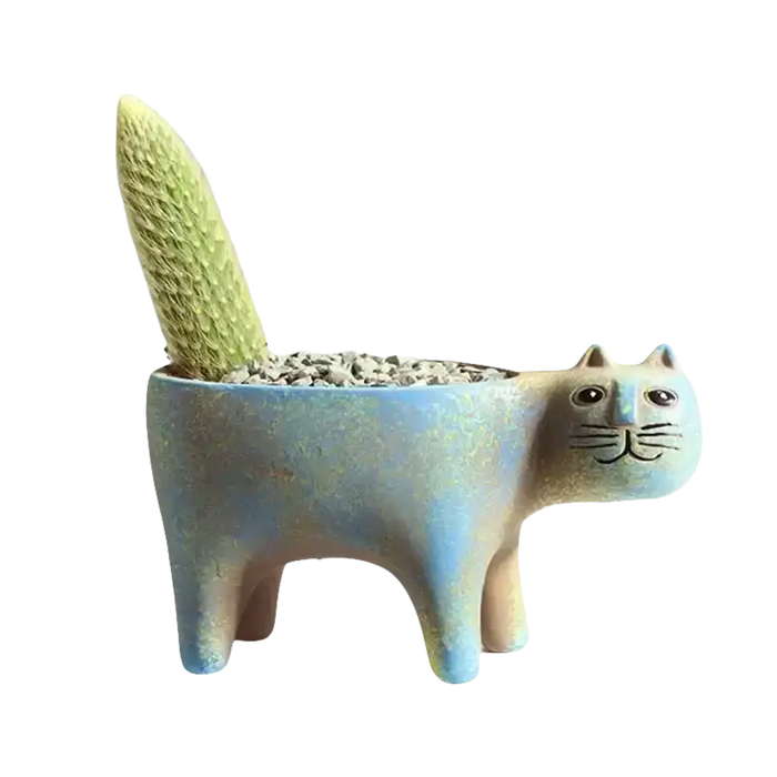 Bunter Keramikblumentopf Katze mit einem pflanzenartigen Schwanz für dekorative Innenräume