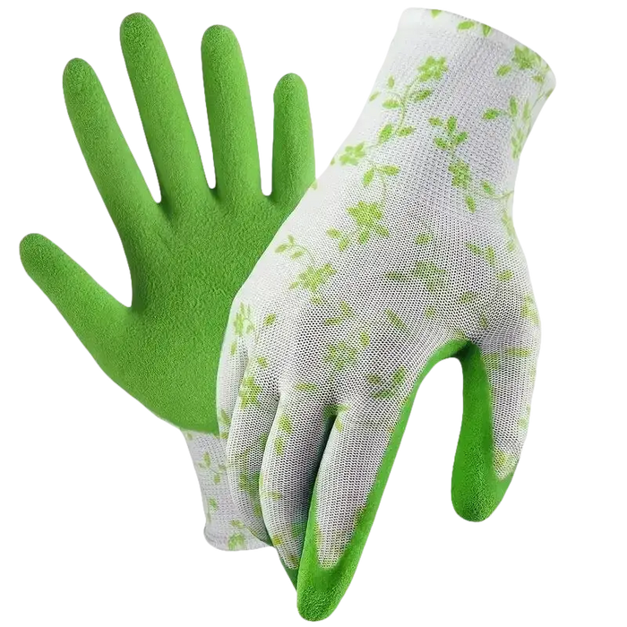 Grüne und geblümte Gartenhandschuhe.