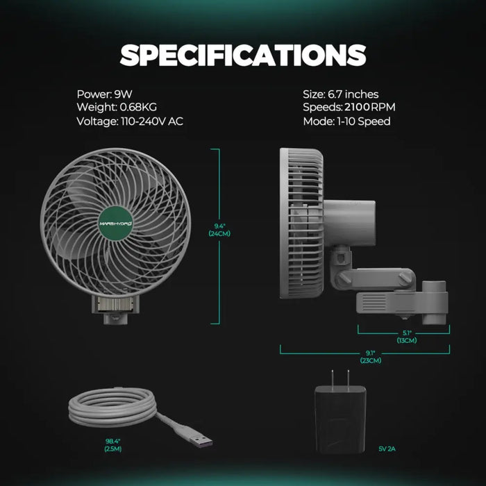 Grauer verstellbarer Ventilator mit Spezifikationen.