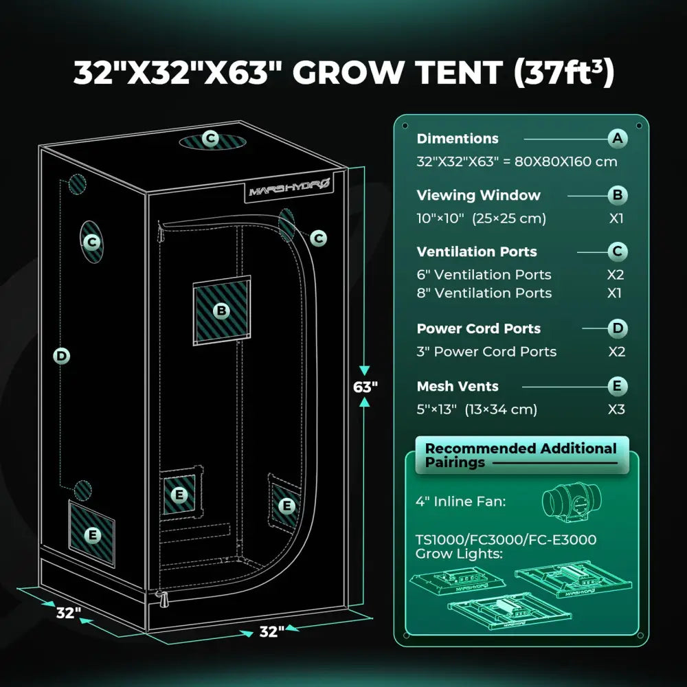 32’’x32’’x63’’ Grow-Zelt mit Abmessungen, Sichtfenster, Lüftungsöffnungen, Stromkabelanschlüssen und Netzbelüftung.