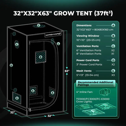 32’’x32’’x63’’ Grow-Zelt mit Abmessungen, Sichtfenster, Lüftungsöffnungen, Stromkabelanschlüssen und Netzbelüftung.