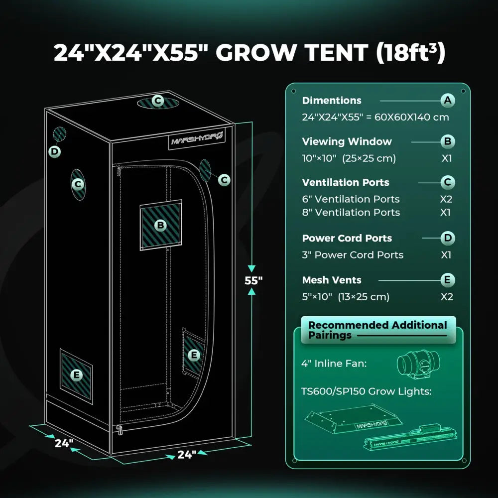 24’’X24’’X55’’ Grow-Zelt mit Abmessungen, Sichtfenster, Belüftungsöffnungen, Stromkabelanschlüssen und Netzbelüftung.