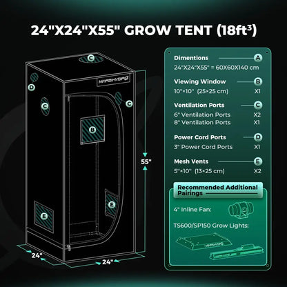 24’’X24’’X55’’ Grow-Zelt mit Abmessungen, Sichtfenster, Belüftungsöffnungen, Stromkabelanschlüssen und Netzbelüftung.
