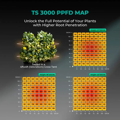 PPFD-Karten für ein TS 3000 Grow-Licht.