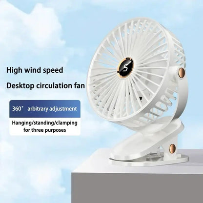 Weißer tragbarer Ventilator mit Clip.