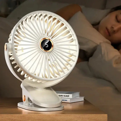 Weißer Aufsteckventilator mit Digitalanzeige.