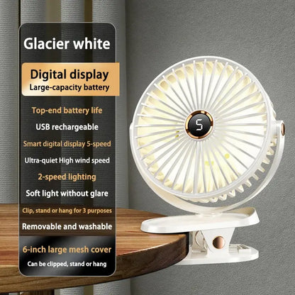 Weißer Aufsteckventilator mit Digitalanzeige.