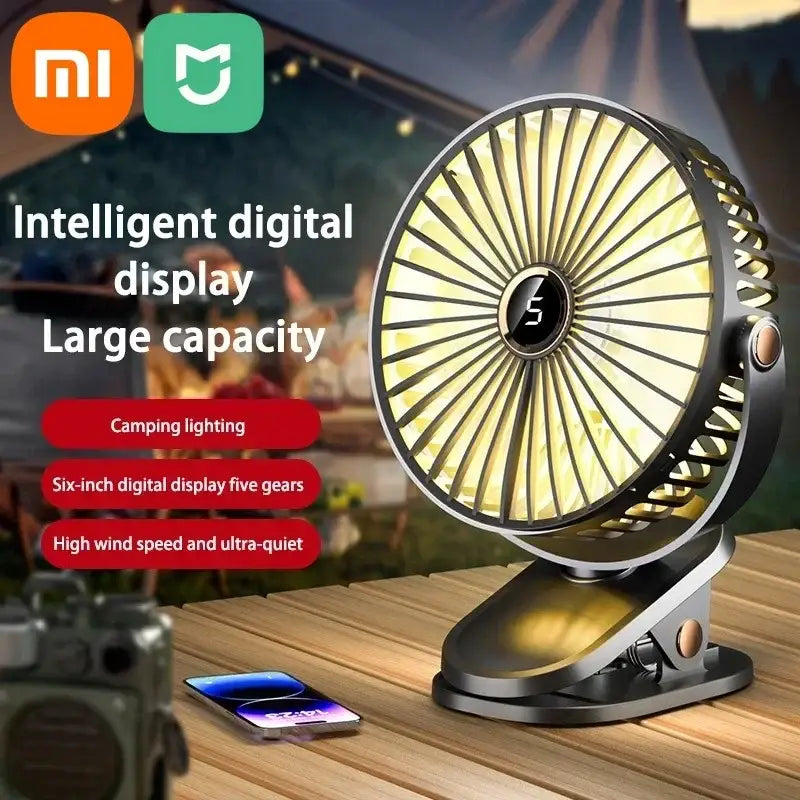 Tragbarer Clip-on-Ventilator mit Digitalanzeige.