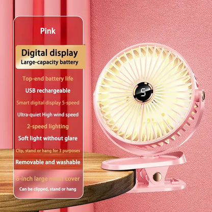 Rosa Aufsteckventilator mit Digitalanzeige.