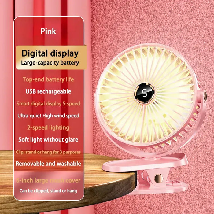 Rosa Aufsteckventilator mit Digitalanzeige.