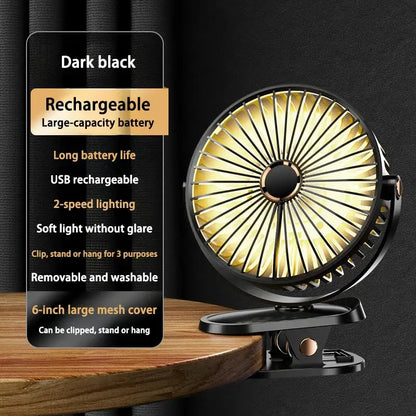Wiederaufladbarer Clip-on-Ventilator.