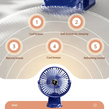 Blauer tragbarer Ventilator mit fünf Geschwindigkeitsstufen.