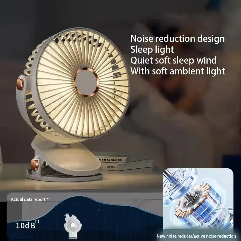 Tragbarer Ventilator zum Anstecken mit Schlaflicht.
