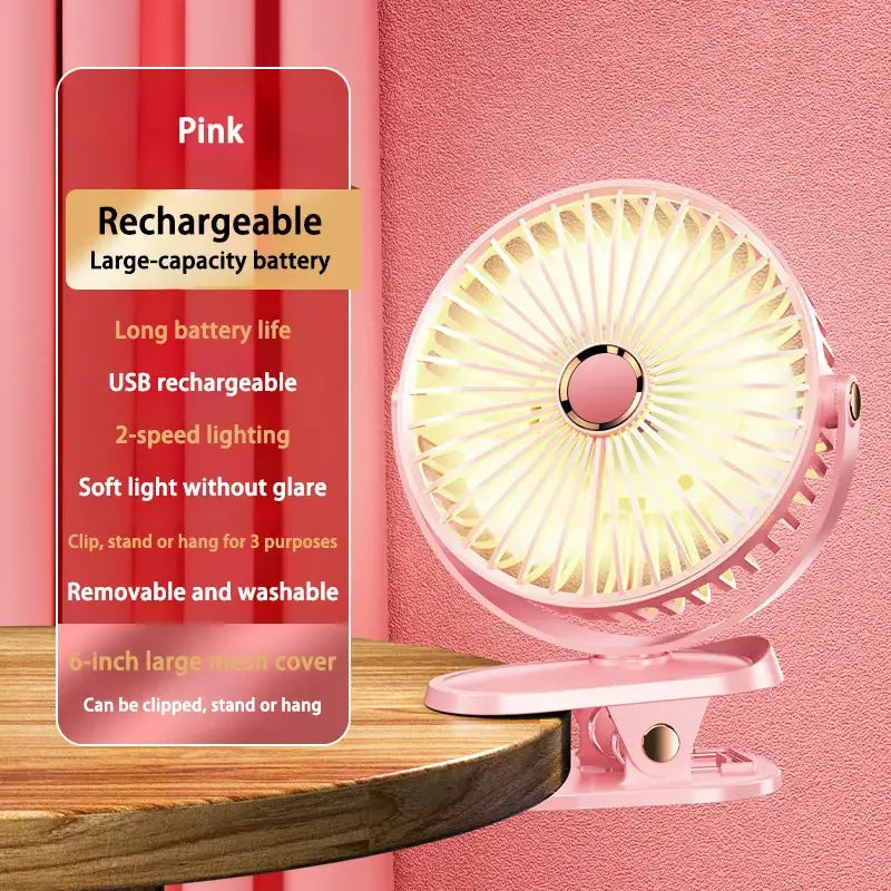 Rosa wiederaufladbarer Ventilator zum Anstecken.