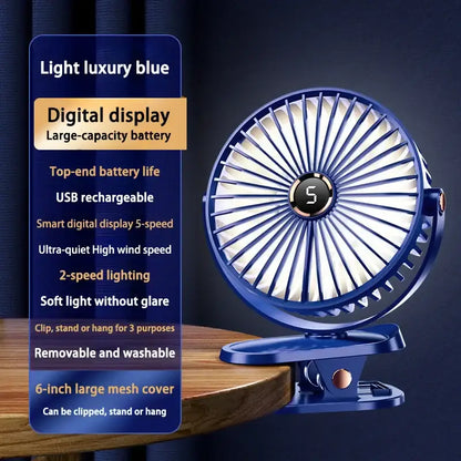 Blauer Aufsteckventilator mit Digitalanzeige.