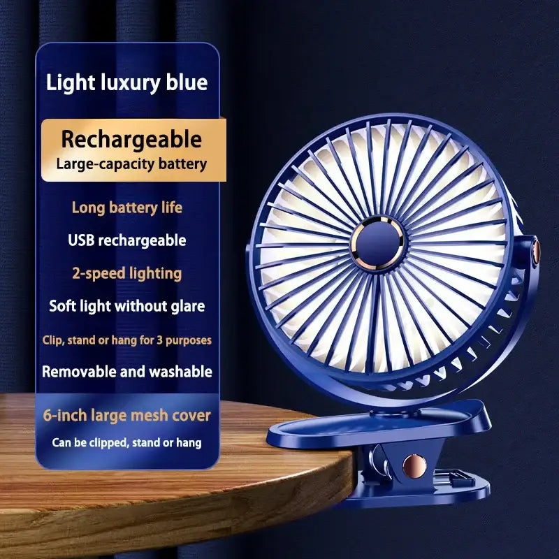 Blauer, wiederaufladbarer Ventilator zum Anstecken.