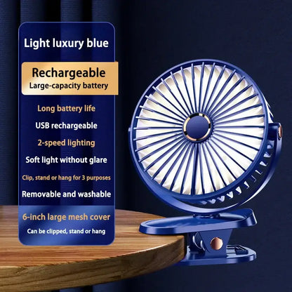 Blauer, wiederaufladbarer Ventilator zum Anstecken.