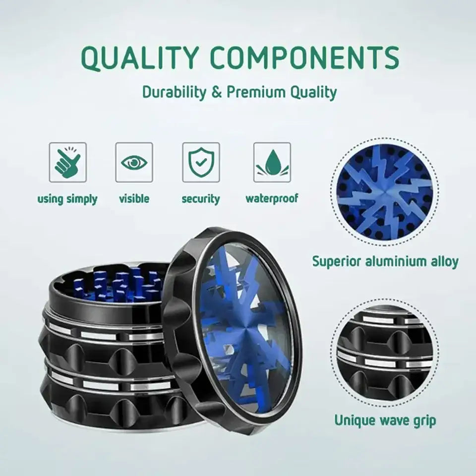 Schwarzer Metallkräutergrinder mit blauem Innenleben.