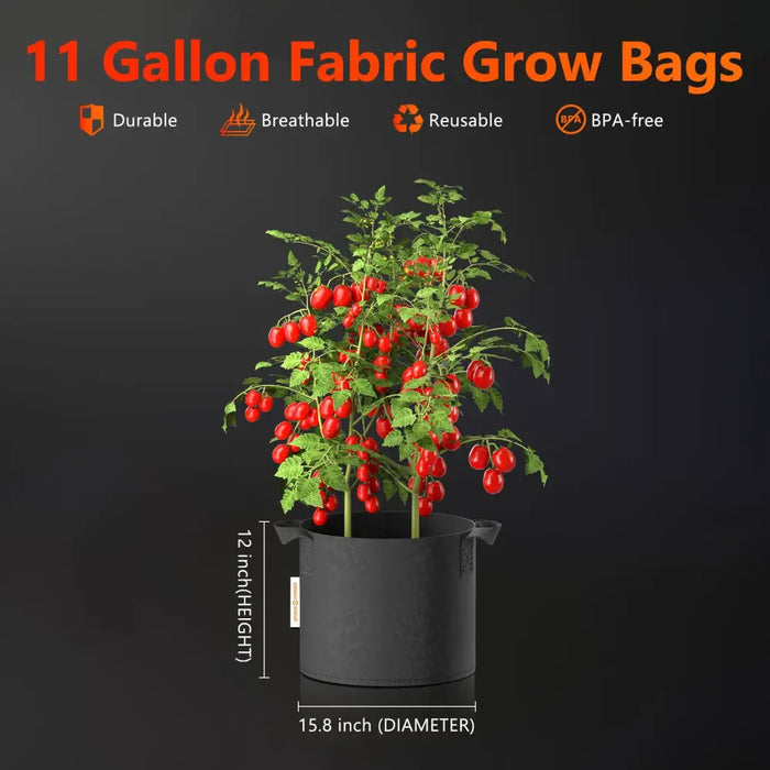 Schwarze Stofftasche mit Tomatenpflanze.
