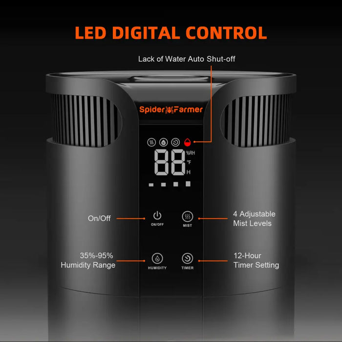 Schwarzer Luftbefeuchter mit digitalem LED-Bedienfeld.