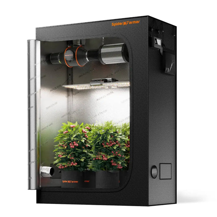 Indoor-Grow-Zelt mit Belüftung und Pflanzen.