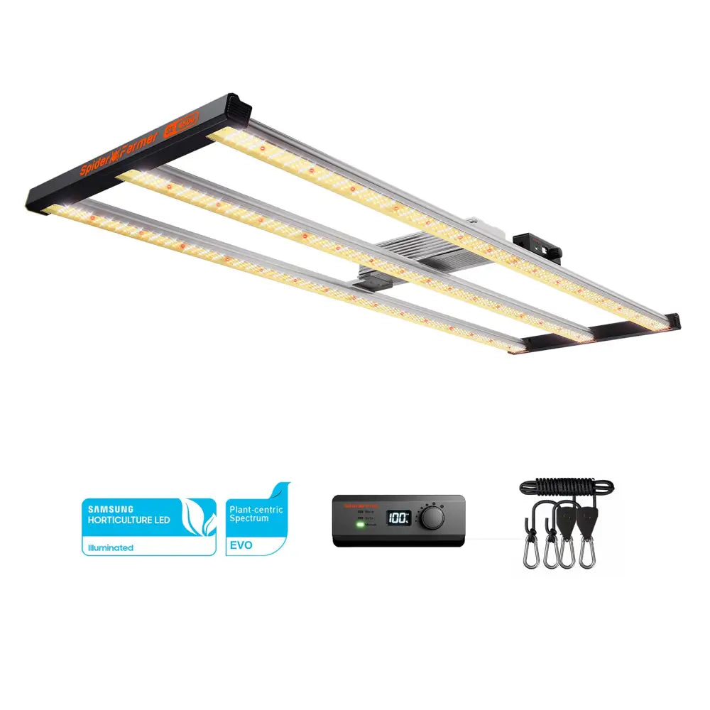 LED-Wachstumslicht mit Controller und Aufhängevorrichtung.