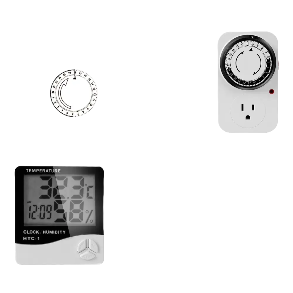 Steckbare Zeitschaltuhr und Thermo-Hygrometer.