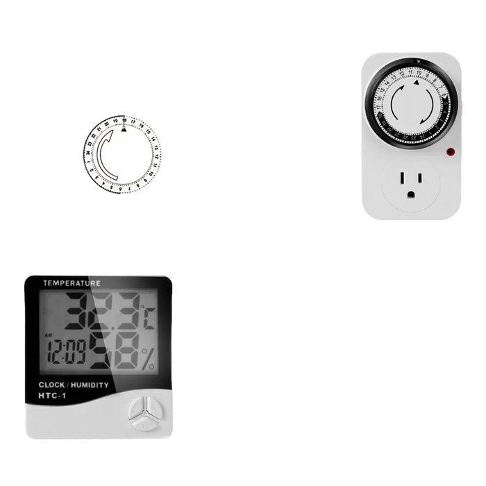 Steckbare Zeitschaltuhr und Thermo-Hygrometer.