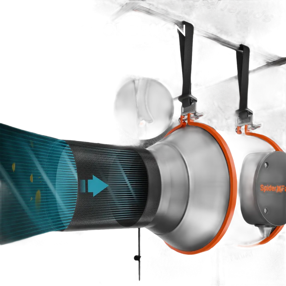 Schwarzer und orangefarbener Kanalventilator mit Ringanker-Design.