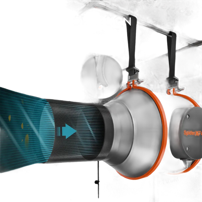 Schwarzer und orangefarbener Kanalventilator mit Ringanker-Design.