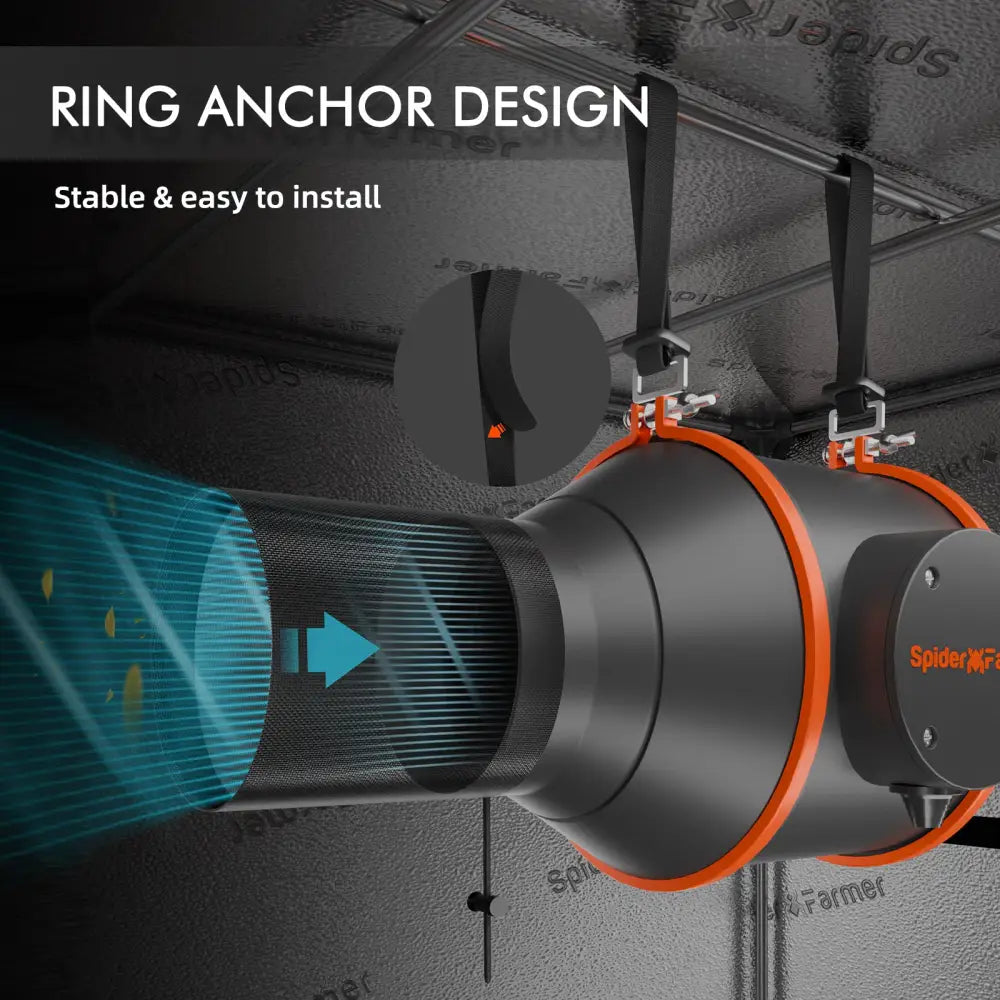 Schwarzer und orangefarbener Kanalventilator mit Ringanker-Design.