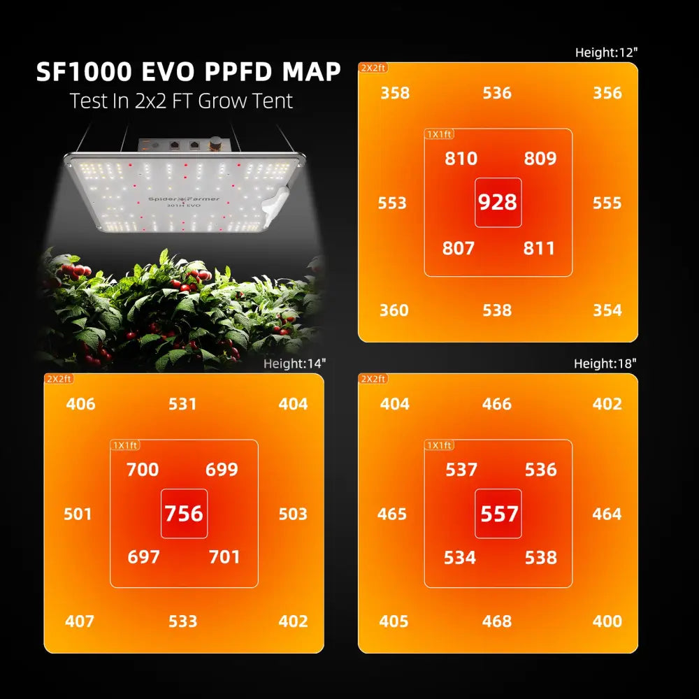 PPFD-Karten für ein Wachstumslicht in verschiedenen Höhen.