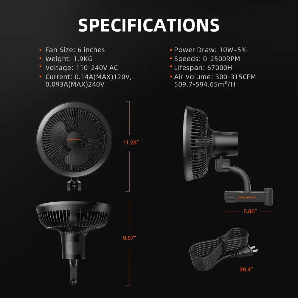 Schwarzer Ventilator mit Spezifikationen.
