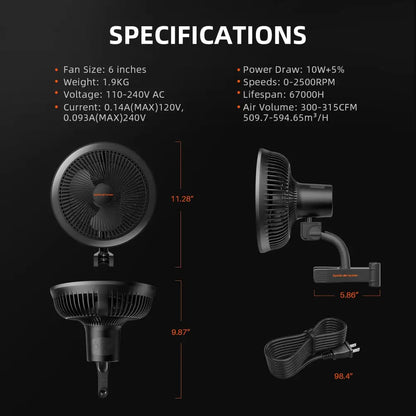Schwarzer Ventilator mit Spezifikationen.