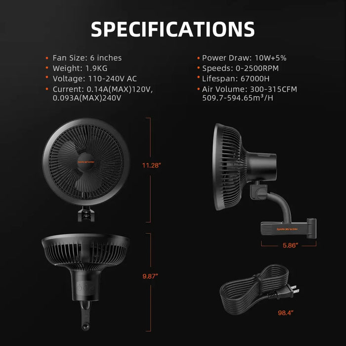 Schwarzer Ventilator mit Spezifikationen.