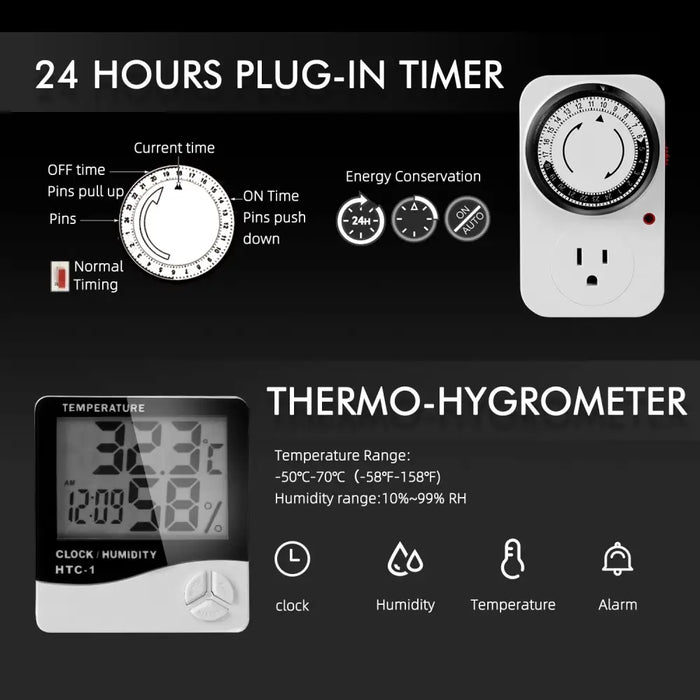 Steckbare 24-Stunden-Zeitschaltuhr und Thermo-Hygrometer.